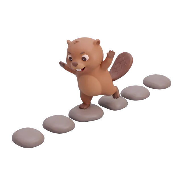 A beaver stepping from stone to stone along a row of stepping stones