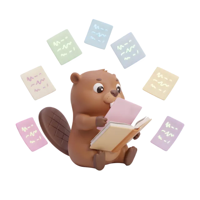 A beaver gathering scattered loose pages into one bound book